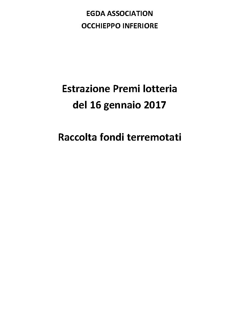 ESTRAZIONE PREMI LOTTERIA DEL 16 GENNAIO 2017